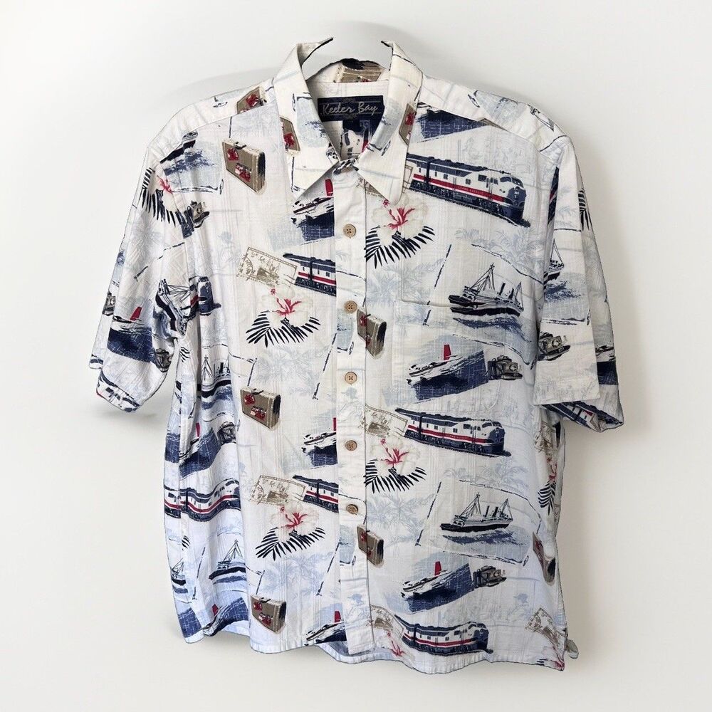 VINTAGE Keeler Bay Hawaiian travel shirt men's size Medium trains, camera boat￼￼